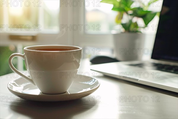 Cup of coffee on table next to laptop. KI generiert, generiert, AI generated