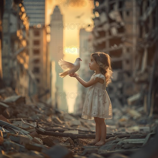A little girl stands in the midst of rubble and gently holds a white dove, destroyed houses, war, dove of peace, AI generated