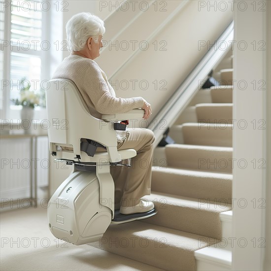 A pensioner rides a stair lift up a flight of stairs, AI generated