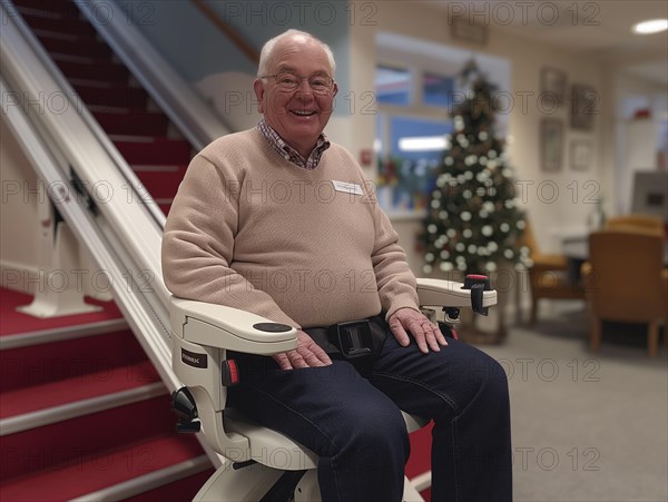 A pensioner rides a stair lift up a flight of stairs, AI generated