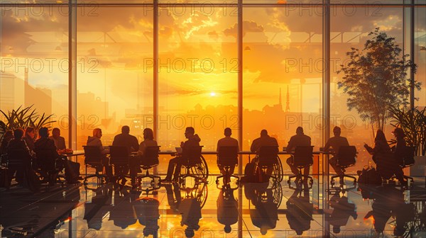 Group of professionals in silhouette during a meeting against a backdrop of a city at sunset, AI generated