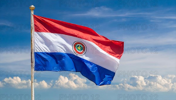 The flag of Paraguay flutters in the wind, isolated against a blue sky