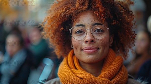 Close-up portrait of a smiling Mixed-race woman with red hair and glasses, wearing an autumnal scarf, AI generated