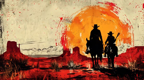 Silhouetted cowboys on horseback are set against a vivid red sunset in a Western desert scene, ai generated, AI generated