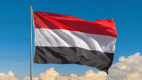 The flag of Yemen, fluttering in the wind, isolated, against the blue sky