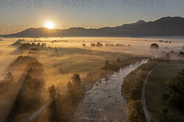 Aerial view, river with fog in front of mountains, sunrise, backlight, summer, Loisach, Alpine foothills, Bavaria, Germany, Europe