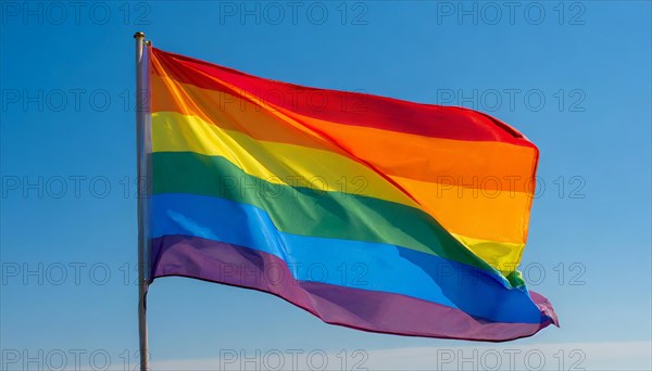 The rainbow flag flutters in the wind, isolated, against the blue sky. In many cultures around the world, such a flag expresses the mood for peace, new beginnings and change. It is also a symbol of tolerance and acceptance of the diversity of lifestyles, of hope and longing