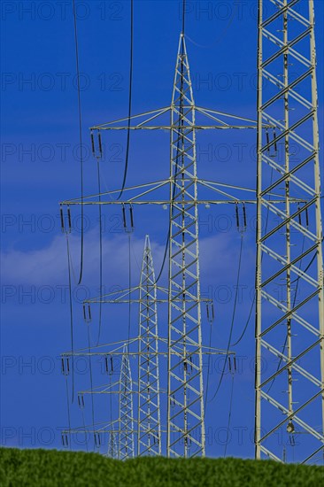 Power pylons with high-voltage lines at the Avacon substation in Helmstedt, Helmstedt, Lower Saxony, Germany, Europe