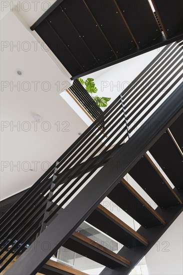 American walnut wood and black powder coated cold rolled steel stairs inside a modern cube style home, Quebec, Canada, North America