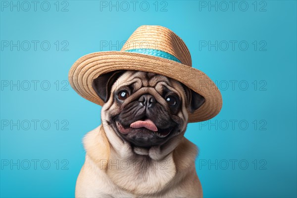 Cute pug dog with summer straw hat on blue studio background. KI generiert, generiert, AI generated