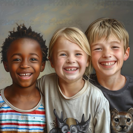 Three happy children with beaming smiles, sharing their friendship and joy, group picture with laughing children of different nationalities and cultures, KI generiert, AI generated