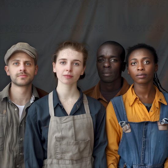 Simple, serious portrait of four people of different ethnicities in work clothes, group picture with people in work clothes of different nationalities and cultures, AI generated