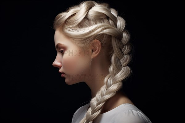Beuatiful young woman with light blond hair in french braid hairstyle. KI generiert, generiert, AI generated