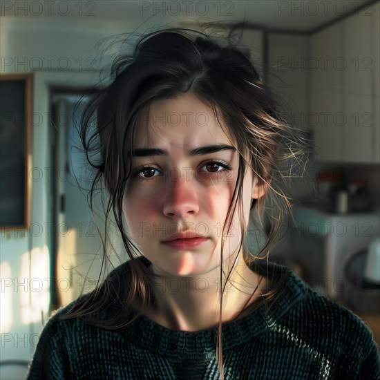 Young woman with a sad expression on her face in a domestic environment, No desire to clean up, AI generated