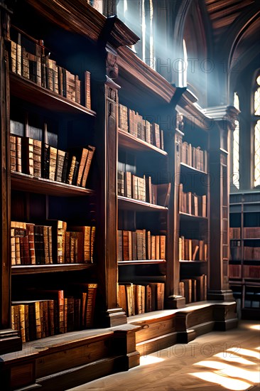 AI generated old library with antique wooden bookshelves