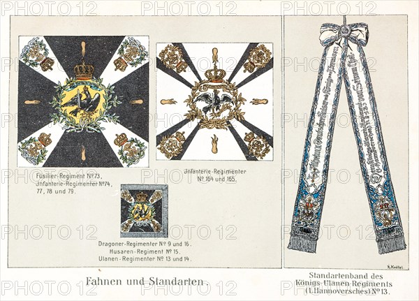 Flags and standards, standard band, fusilier regiment, infantry, dragoons, hussars, ulans, royal ulans, historical illustration, colour plate from Zur Erinnerung an die Kgl. Hannoversche Armee und ihre Stammtruppen, Gedenkblatt zur Feier des 19. Dezember 1903, Meisenbach, Riffarth & Co, 1903