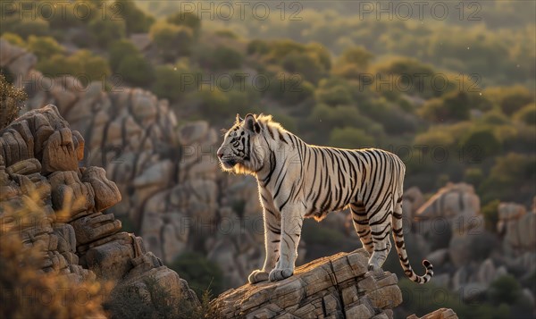 A white tiger standing tall on a rocky outcrop AI generated