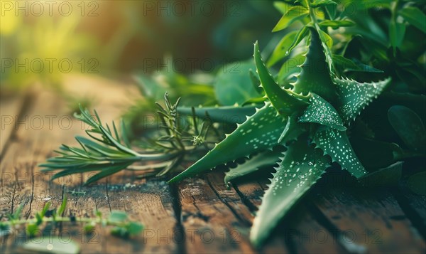 Close-up of aloe vera leaves and fresh herbs arranged on a wooden table AI generated