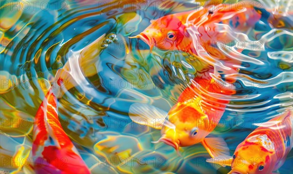 Close-up of colorful koi fish swimming in the clear waters of a spring lake AI generated