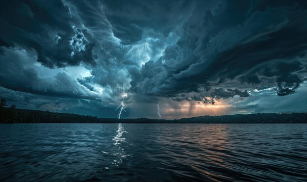 A summer thunderstorm brewing over the lake AI generated