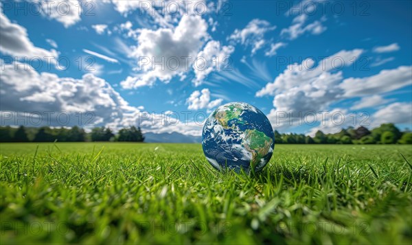 An Earth globe on a grassy meadow with bright blue sky as the backdrop AI generated