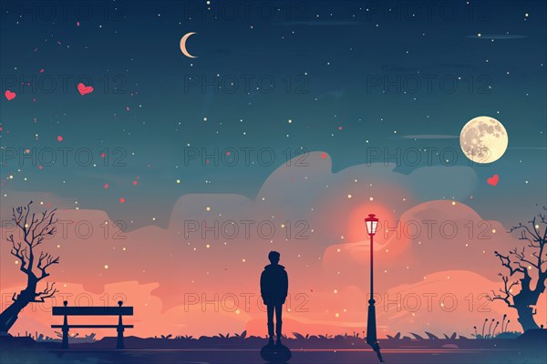 A person stands alone at night under a street lamp, surrounded by moonlight and hearts, lunar cycle or time span indicated by two moons, AI generated, AI generated