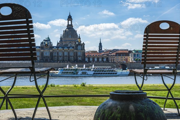 Folding chair arrangement on the Koenigsufer with a view of the Church of Our Lady and Bruehl's Terrace, Dresden, Saxony, Germany, Europe