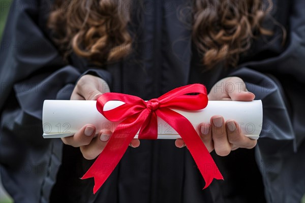 Degree paper certificate roll with red ribbon held by young woman in graduation robe. KI generiert, generiert, AI generated