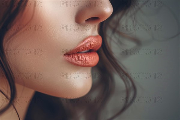 Close up of woman's large lips with pink lipstick. KI generiert, generiert, AI generated