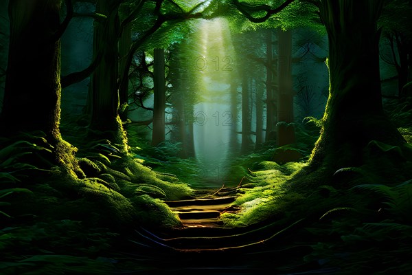 AI generated ethereal mystical forest scene with digital glow effects