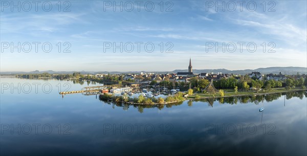 Aerial view, panorama of the town of Radolfzell on Lake Constance in springtime vegetation with the Waeschbruckhafen harbour, harbour pier and concert sail, district of Constance, Baden-Wuerttemberg, Germany, Europe