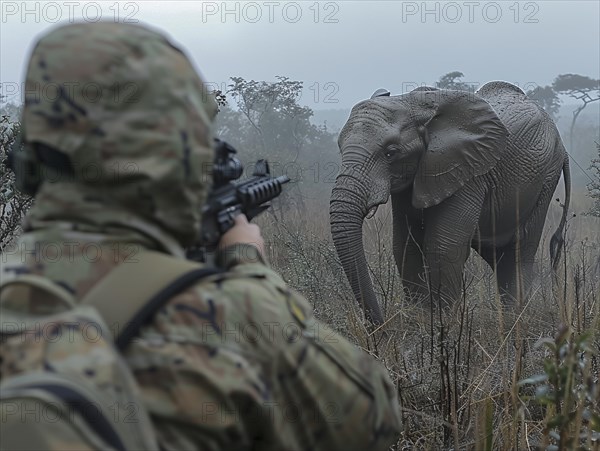 Elephant hunting in Africa, AI generated