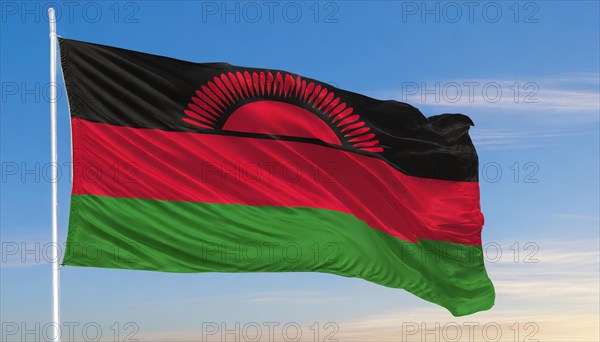The flag of Malawi, fluttering in the wind, isolated, against the blue sky