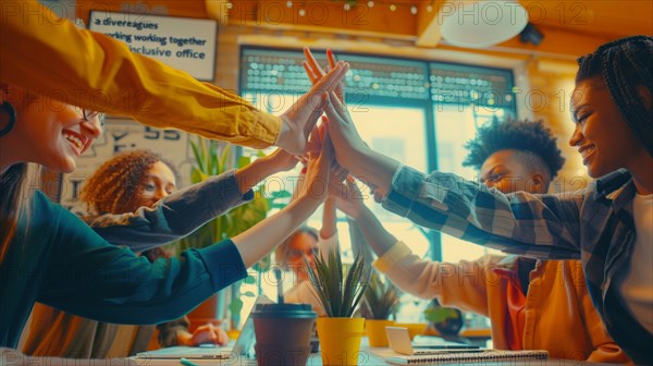 Energetic team giving a group high-five in a vibrant office atmosphere, signifying unity and success, AI generated