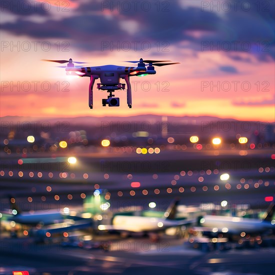 A drone flies at sunset with an aeroplane and illuminated runway in the background, drone, attack, AI generated