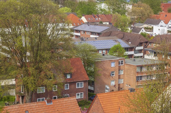 Bird's eye view of a modern brick residential building in spring, Delmenhorst, Lower Saxony, Germany, Europe