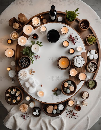 Tranquil spa setting with meticulously arranged candles, stones, and natural elements from a top view for ultimate relaxation, AI generated