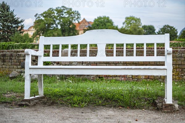 White wooden bench in the castle park of Dargun Castle and Monastery, in Dargun, Mecklenburg Lake District, Mecklenburg-Vorpommern, Germany, Europe