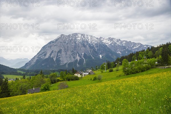 Summer austrian landscape with Grimming mountain (2.351 m), an isolated peak in the Dachstein Mountains, view from small alpine village Tauplitz, Styria, Austria, Europe