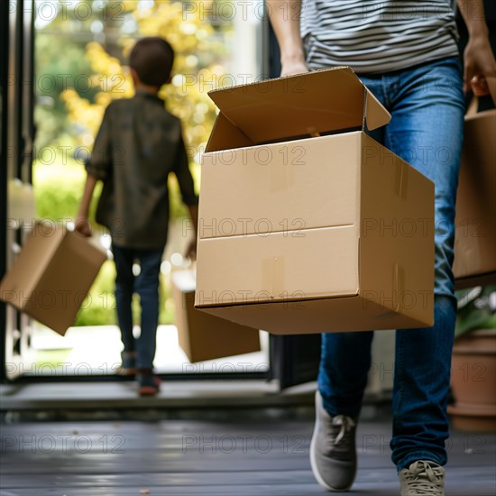 People carrying boxes inside a house, apartment relocation, apartment relocation house, housing shortage, AI generated