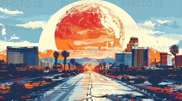 A retro-futuristic depiction of a city under a giant orange planet at sunset, ai generated, AI generated