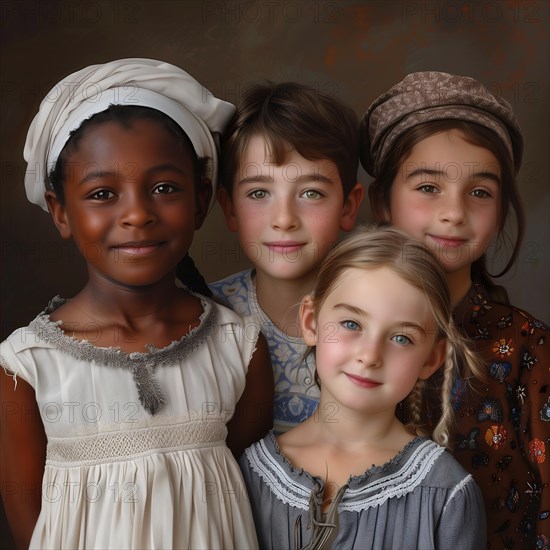 A group of four children in traditional dress look seriously into the camera, group picture with laughing children of different nationalities and cultures, KI generated, AI generated