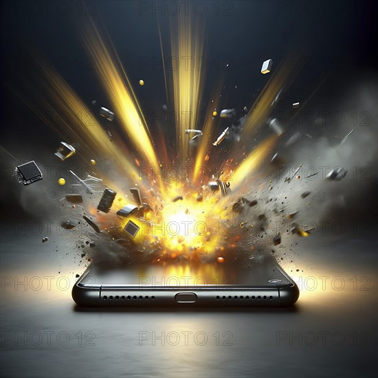 Explosive scene with a smartphone and light beams emanating from a detonation, mobile phone smartphone battery explosion, AI generated