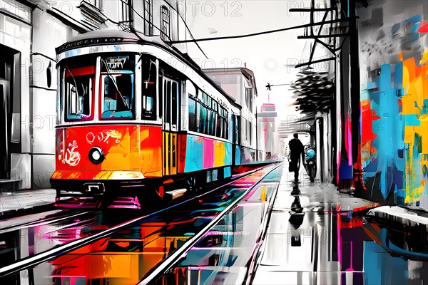 AI generated bustling street scene monochromatic snapshot with colorful digital elements