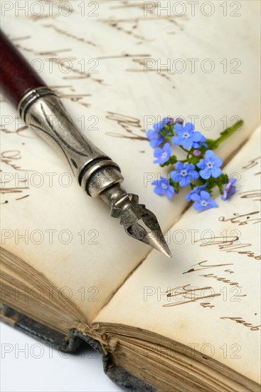 Pen and flower on diary, forget-me-not