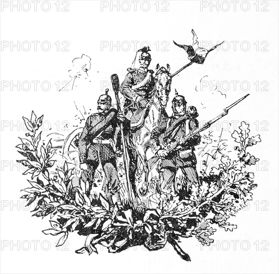 Drawing of three men in military dress with weapons and historical uniforms, a rider on horseback, surrounded by a wreath with oak leaves, depicted in a historical black and white illustration, from 'Zur Erinnerung an die Koeniglich Hannoversche Armee und ihre Stammtruppen', commemorative sheet for the celebration of 19 December 1903, Meisenbach, Riffarth & Co., Germany, Europe