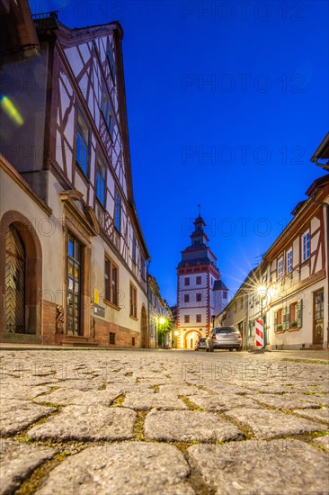 View of an old town, half-timbered houses and streets in a town. Seligenstadt am Main, Hesse Germany