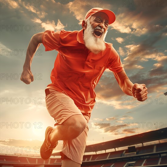 Euphoric older man runs in red outfit in stadium during sunset, start running, start, advert, special offer, AI generated