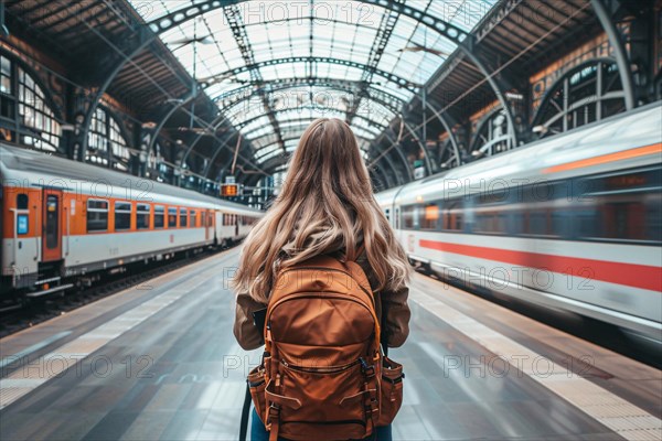 Woman at platform with passing train. KI generiert, generiert, AI generated