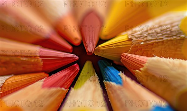 Close-up of a bunch of colored pencils, abstract background with colored pencils macro view AI generated